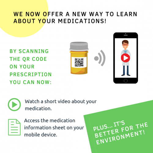 Graphic describing how to use a QR code on a medication bottle to access information. 